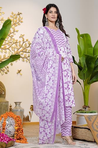Image of MIRCHI FASHION Women's Straight Fit Pure Cotton Sequins Thread Work Leaf Printed Kurta Set with Dupatta and Trouser