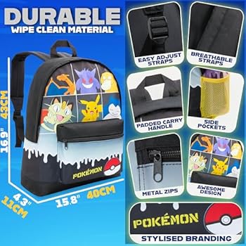 Pokémon rugzak voor kinderen en tieners, Pikachu rugzak, schooltas, spelrugzak, reistas voor dagjes uit, PE-sporttas, anime-cadeau, Zwart/Wit, 40x28x10cm