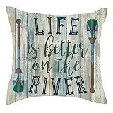 Jimrou Throw Pillow Cover 18x18inches Festival Gifts Summer Life is Better On The River Wood Oars Retro Wood Grain Cotton Linen Decorative Home Sofa Chair Car Square Throw Pillow Case Cushion Cover
