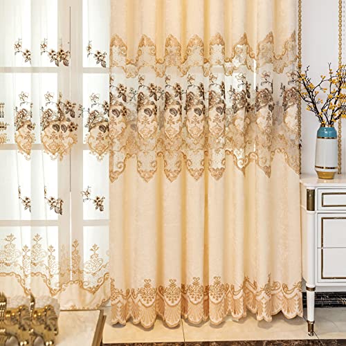 Elkca European Style Beige Embroidered Chenille Curtain For Living Room Elegant Chenille Floral Curtains For Bedroom,Grommet Top,W52Inch By L84Inch,2 Panels #TOP2