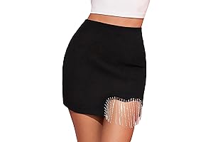 Women's Bling Rhinestone Sparkly 2 Piece Outfits Set Mesh Fringe Trim Bodycon Pencil Skirt
