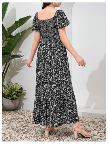 SHENHE Girl's Floral Maxi Dress Puff Sleeve Square Neck Smocked A Line Ruffle Flowy Sundress2