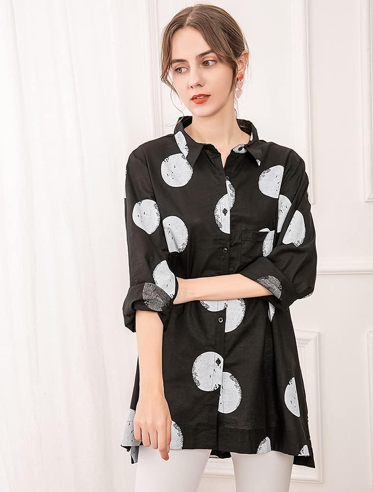 Minibee Women's Button Down Tunic Tops Polka Blouse Cotton Shirt - Image 2