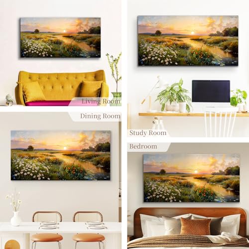 SERIMINO Large Wall Art for Living Room, Sunset Landscape Wall Decor, Meadow Wildflowers Canvas Prints Paintings, Marshland Scenery Pictures Home Decor for Bedroom Dining Room Kitchen 30"X60"