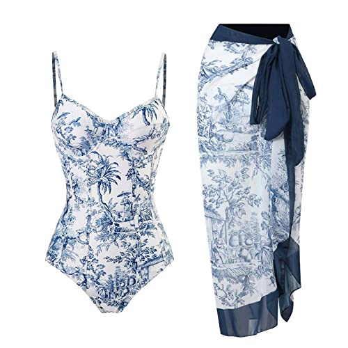 YUNAR Women Retro Deep Plunging One Piece Monokini Swimwear with Sarong 2 pcs Set (US Alpha Large Regular Regular Underwired - Blue and White)