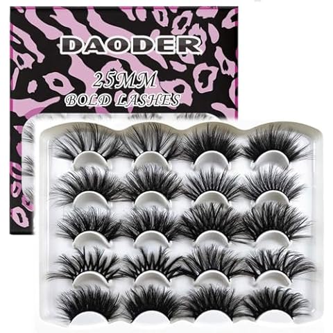 DAODER False Eyelashes 25MM Mink Lashes Dramatic Look Fluffy Long Fake Eyelashes Wispy 25mm False Lashes Strip 10 Variety Pairs Mixed for Halloween Bold Makeup Cover