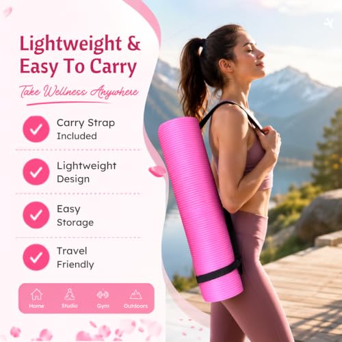 Image of Yoga & Exercise Mat with Carry Strap | Nitrile Butadiene Rubber (NBR) Anti-Slip Workout Mat for Yoga, Pilates, Meditation, Stretching & Home Gym Fitness | Men & Women (Pink-8mm)
