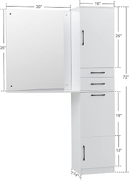 BarberPub Wall Mount Mirror Station with Storage Drawers 3034 (White)