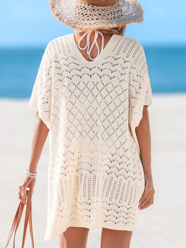 CUPSHE Women Crochet Swim Coverup V Neck Hollow Out Casual Loose Beach Coverup Dress2
