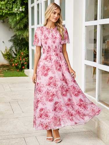Image of Simplee Womens Casual Floral Summer Maxi Dress 2026 Boho Flowy Short Sleeve Crew Neck Vacation Smocked Chiffon Dresses
