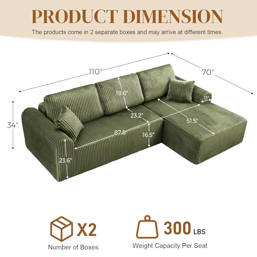 Image of 110 inch L Shaped Boneless Sectional Couches for Living Room, Comfy Corduroy Floor Cloud Sofa with Chaise, Wide Armrest, Deep Seat, Memory Foam, Assembly Free, Ideal for Small Spaces, Green