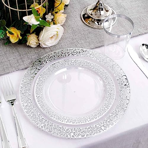 I00000 Silver Plastic Plates & Silverware & Cups, 150 Pcs Clear Lace Design Dinnerware Set Includes 25 Dinner Plates, 25 Dessert Plates, 25 Tumblers, 25 Forks, 25 Knives, 25 Spoons #TOP2