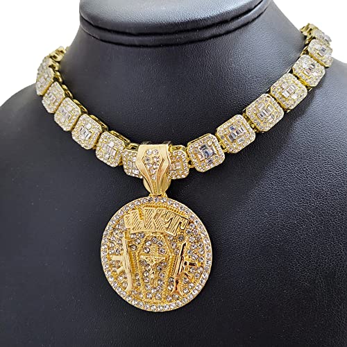 Gold Plated 4KT Medal Pendant & 12mm 16" 18" 20" Iced Baguette Choker Chain Hip Hop Jewelry Necklace3