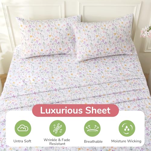 Image of MUXHOMO Full Size 4 Piece Sheet Set, Soft & Breathable Sheet Set for Bedroom with Deep Pocket Up to 16 inch, Wrinkle-Free & Cooling Bed Sheet with Flat Sheet, Fitted Sheet & Pillowcases - Flower Scroll