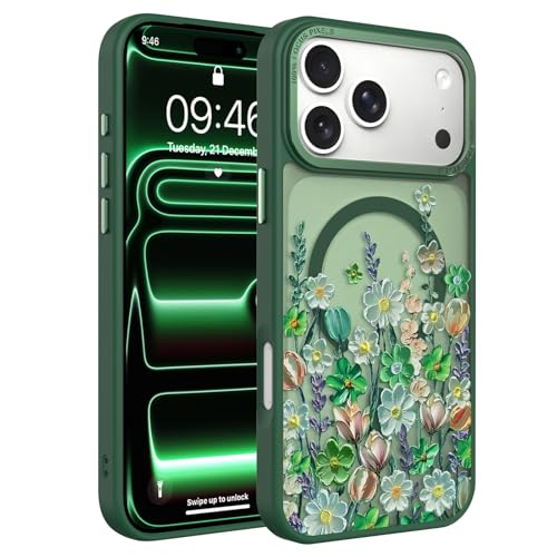 Image of Magnetic for iPhone 17 Pro Max Case for Women Girls, Green Floral | Pretty Oil Painting Flower Pattern Design [Compatible with MagSafe] Shockproof Slim Translucent Matte Non-Slip Cover