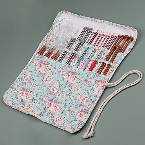 Coopay Knitting Needle Case 14 Inch, Large Knitting Needle Storage Case for Extra Long Straight Knitting Needle Kit Storage, Knitting Needle Roll Holder Flower Storage Bag UK, With 20 Slots, Canvas