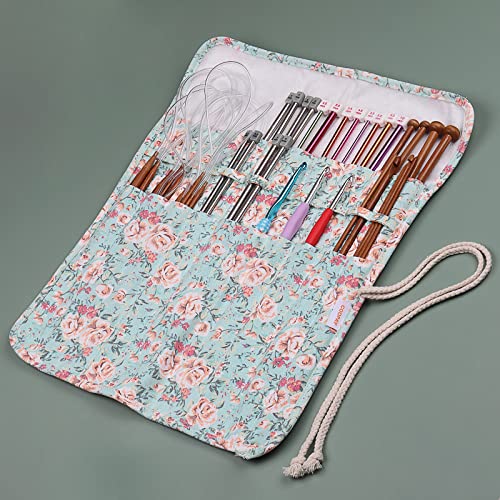Coopay Large Knitting Needle Case 14 Inch, Extra Long Straight Needle Storage With 20 Slots, Canvas Roll Holder Flower Bag UK - Image 2