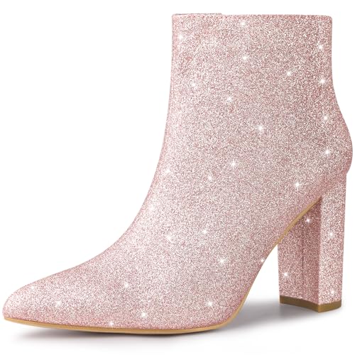 Perphy Glitter Pointed Toe Chunky Heels Sparkly Booties Ankle Boots for Women