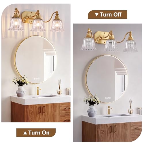 Image of Gold Bathroom Light Fixtures, 3-Light Vintage Bathroom Vanity Light, Antique Brushed Gold Lighting Fixtures Over Mirror, with Crystal Glass Shades, Wall Lighting Sconces for Bathroom Bedroom