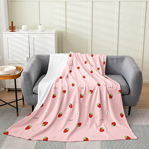 Girls Strawberry Blanket Twin 60x80,Kawaii Strawberry Throw Blanket for Kids,Japanese Style Pink Cute Cartoon Fruit Food Theme Fleece Blanket,Girly White Floral Flannel Blanket Sofa Bed Couch Decor
