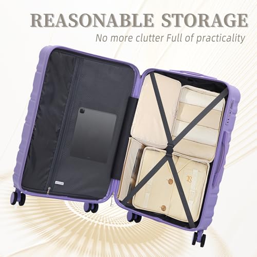 Image of Hardside Luggage Sets, Lightweight Stripes Suitcase with Spinner Wheels, Lavender-181