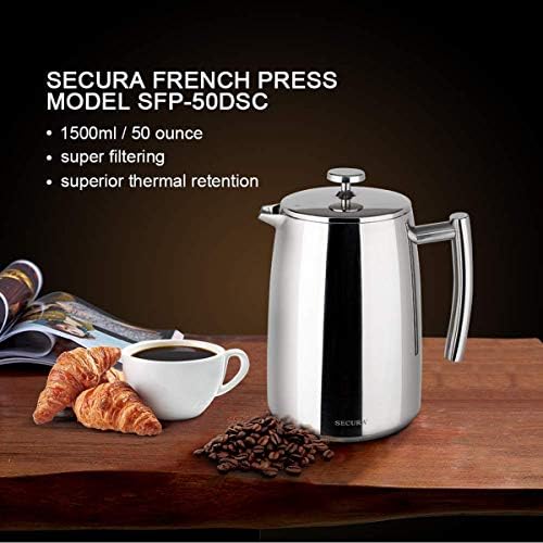 Secura French Press Coffee Maker, 50-Ounce, 304 Stainless Steel Insulated Coffee Press with Extra Screen — view 4