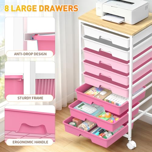 SUNALLY Rolling Storage Utility Cart With 8 Drawers, Storage Drawer Cart with Wooden Tabletop and 2 Lockable Wheels, 8 Tier Rolling Cart for Craft Art Supply Storage & Home Office Organization, Pink — view 5