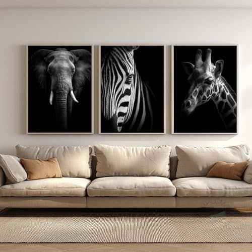 Motif Noir et Blanc:Lion, Eléphant, Zèbre, Girafe, Loup, Tigre, Animaux Affiche Impression sur Toile Tableau Art Peintures Murale pour Salon Chambre Tableau...