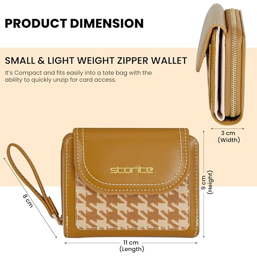 Image of Storite Women's Stylish Compact Leather Wallet 5 Card Slots,1 ID Window, Ladies Mini Purse Money Pocket with Zipper Closure (Brown - 11 x 9 x 3 Cm)