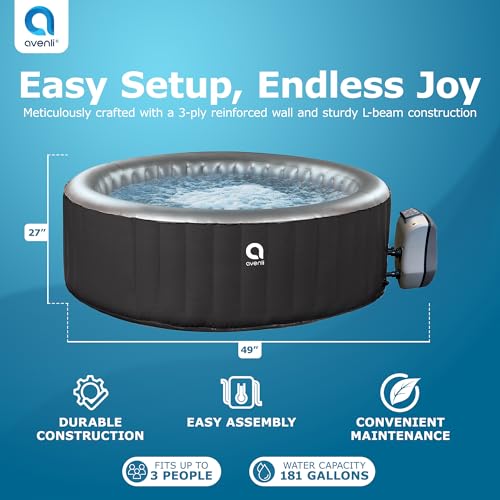 JLeisure Avenli London 181 Gallon 49 Inch 2 to 3 Person Inflatable Hot Tub Spa with Control Panel, Insulated Tub Cover and Floor Protector, Black