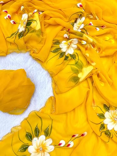 Image of Arkia Women's Yellow Hand Painted Floral Hand Embroidered Saree with White Flowers and Green Leaves