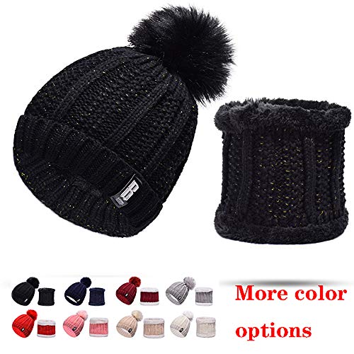 Aione 2-en-1Winter Mujeres de los Hombres de Punto Beanie Sombrero de la Bufanda del círculo de Establecer Popular y el Estilo de la Moda para el esquí al Aire Libre Deportes,Negro