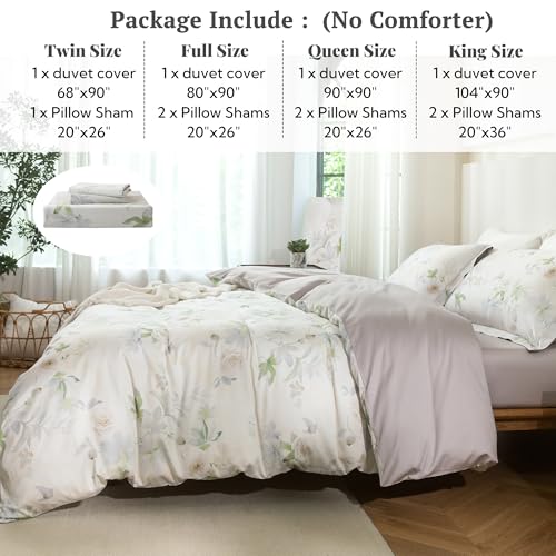 MILDLY Queen Size Duvet Cover Set 100% Long-Staple Cotton Luxury White Floral Patten Reversible Comforter Cover Set 3Pcs