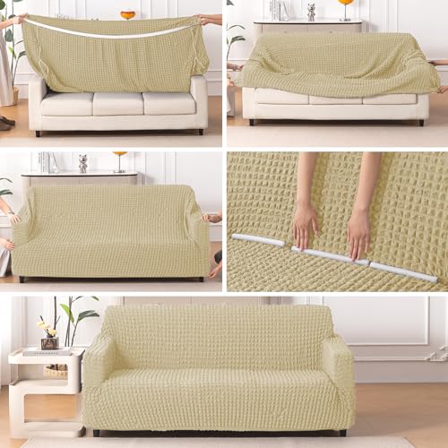 Image of HOKIPO 'Aria Nova' Elastic Stretchable 280 GSM Bubble Sofa Cover for 1 Seater, Beige (AR-6208-BGE)
