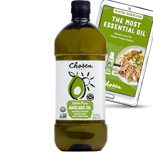 Chosen Foods 100% Pure Avocado Oil for Cooking - 1.75L with Recipe eBook Bundle - Made With Good Fats from Avocados, Naturally Refined, Never Adulterated, High Smoke Point, Non-GMO, Soy-Free, Canola Oil-Free, Gluten-Free, Keto