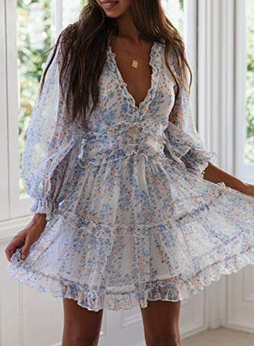 Dokotoo Womens Sun Casual V Neckline Long Sleeve Open Back Floral Print Mini Dress Bohemian Fashion Skater A Line Ruffle Hem Flowy Dresses White Large