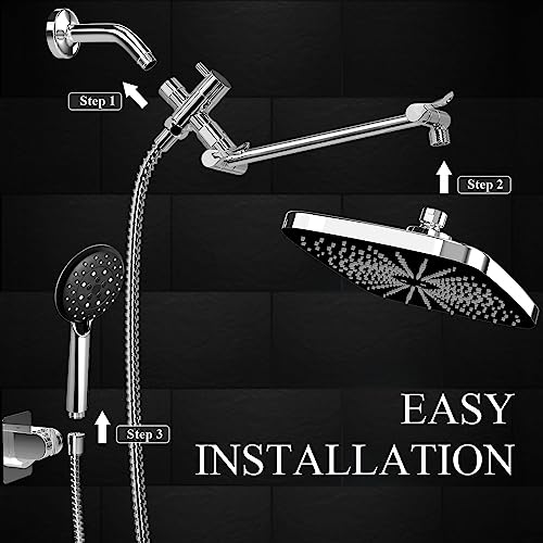 Veken 12 Inch Rain Shower Head With 5 Settings High Pressure Handheld Spray, Rainfall Shower Head With Adjustable Extension Arm, Chrome Dual Shower Head And Handheld Shower Head Combo With 70” Hose. #TOP5