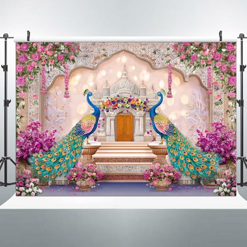 Image of India Peacock Backdrop, Boho Pink Floral Palace Decorations, India Wedding India Ceremony Party Decoration Bridal Shower Photography Decoration Wall Decor Fabric Photography Background 7X5FT