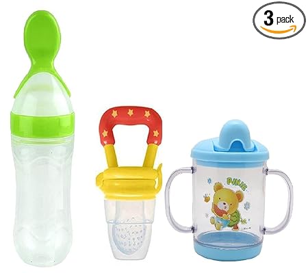 WAHHSON Combo of 3 Baby Safe Silicone Squeeze Fresh Food Feeder Bottle with Food Dispensing Spoon, Infant Food Nibbler Teething Toy Feeding Pacifier and Plastic Sipper Cup-240ml - Multi 8