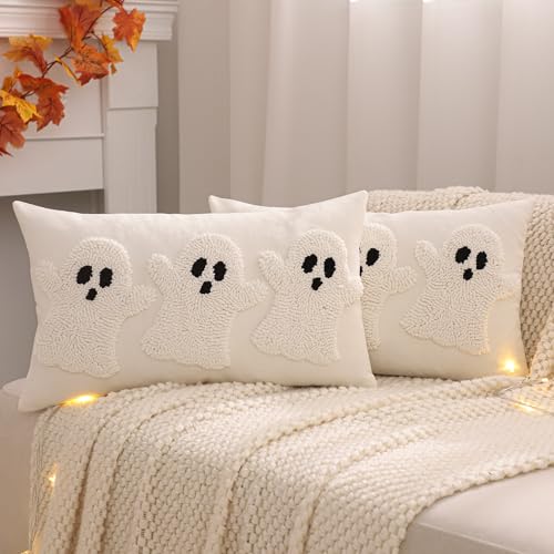 Tosleo Halloween Throw Pillow Covers 12x20 inch Set of 2 Halloween White Three Ghosts Embroidered Pillow Cases Thanksgiving Home Party Fall Decor Pillowcases Lumbar Cushion Covers for Spooky Season