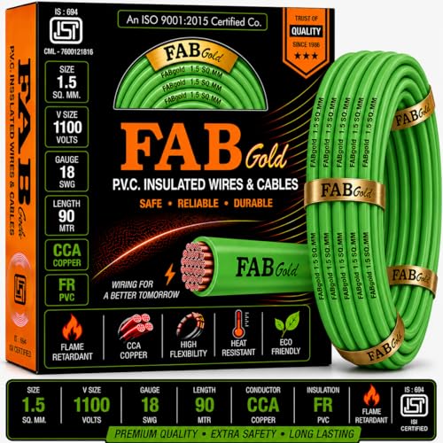 Image of 1.5 sqmm Single Core Copper Electrical Wire, 90 Meter (Green) | Heat Resistant & Flame Retardant (FR) | Lead-Free LSH House Wire for Home & Industrial Use