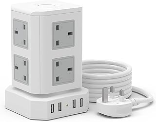 Extension Lead, Tower Extension Leads with USB Solts, [13A 3250W] Surge Protection - 8 AC Outlets & 4 USB Ports Multi Plug Socket Power Strip with Extension Cable 1.8M for Home, Office