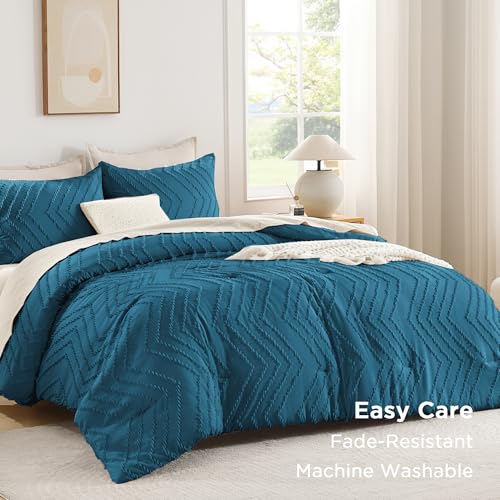 Image of Andency Teal Comforter Set Queen Size, Boho Soft Warm Tufted Bedding Comforter Sets for Queen Size Bed, 3 Pieces Aesthetic Chevron Farmhouse Cute Bohemian Textured Bed Set