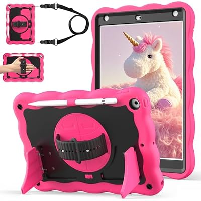 ZoneFoker Case for iPad 9th Generation Case / 8th Gen / 7th Gen 10.2 Inch 2021 2020 2019, Heavy Duty Shockproof Protective Cover with Pencil Holder [360° Rotate Strap] & Stand, Hot Pink