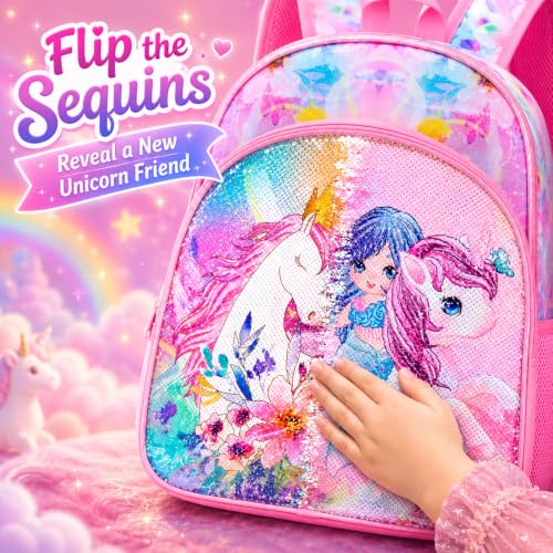 Image of CCJPX 3PCS Unicorn Backpack for Girls, 16 inchKids Preschool Sequin Bookbag and Lunch Box for Kindergarten Elementary