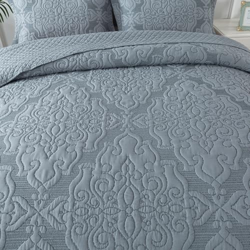 NEWLAKE Reversible Quilt Bedspread Embroidered Microfiber Coverlet Set,Jacquard Embossed Floral,Grey, King Size