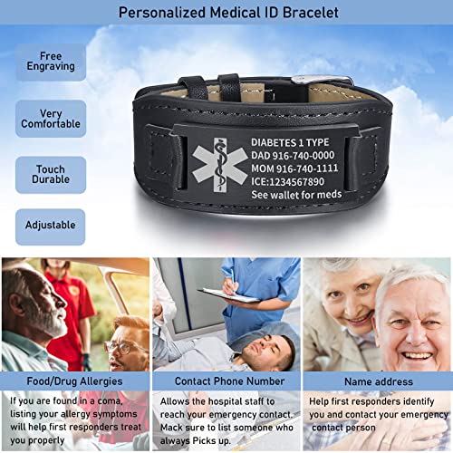 Mprainbow Custom Personalized Medical Alert Id Wide Genuine Leather Stainless Steel Adjustable Bracelet Wristband,6.7"-8.7" #TOP1