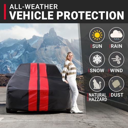 Image of iCarCover Premium Car Cover for 1982-2003 BMW 5-Series Sedan Heavy Duty Waterproof All Weather Automobiles Custom Fit Full Exterior Indoor Outdoor UV Snow Rain Protection Covers (Stripe - Black /Red)