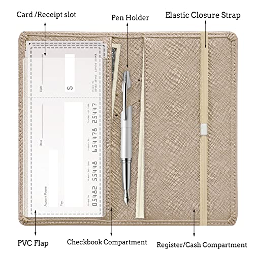 Image of LOLOMLO Checkbook Cover for Duplicate Checks, Stripes Criss Cross Embossed PU Leather Check Book Holder for Top Side Tear Register, RFID Blocking Wallet with Elastic Strap & Pen Slot, Brown Champagne