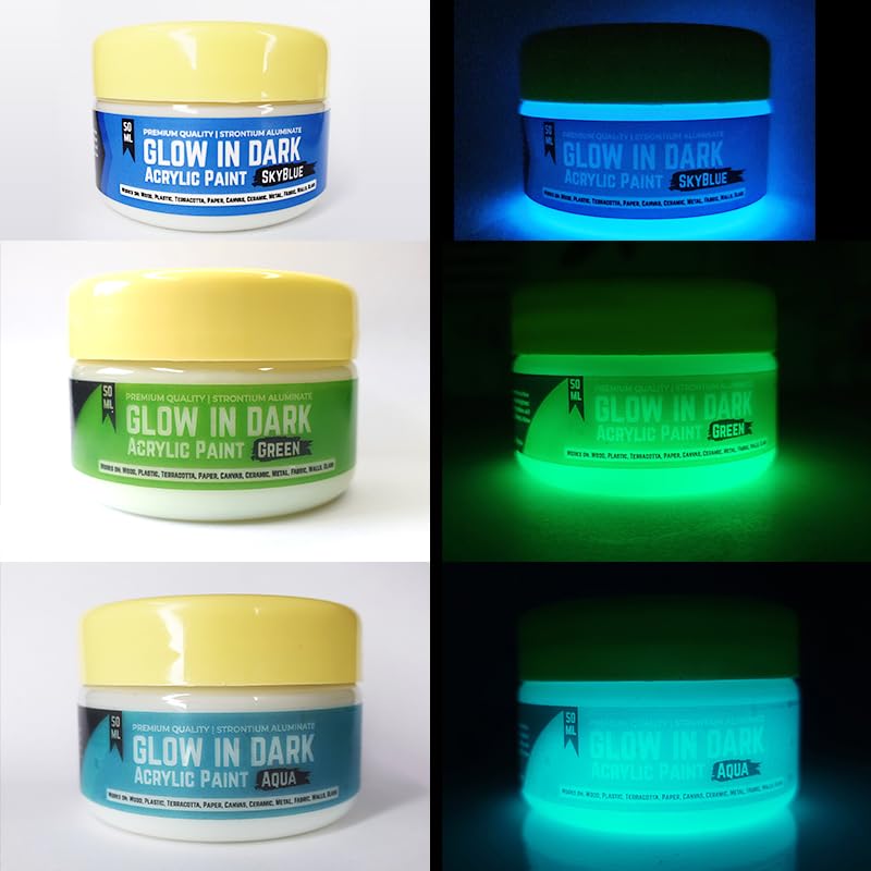 Glow Nest Glow In Dark Night Glow Paint Radium Paint (Combo Pack Of 3, Skyblue, Aqua And Green) 50 Grams Each